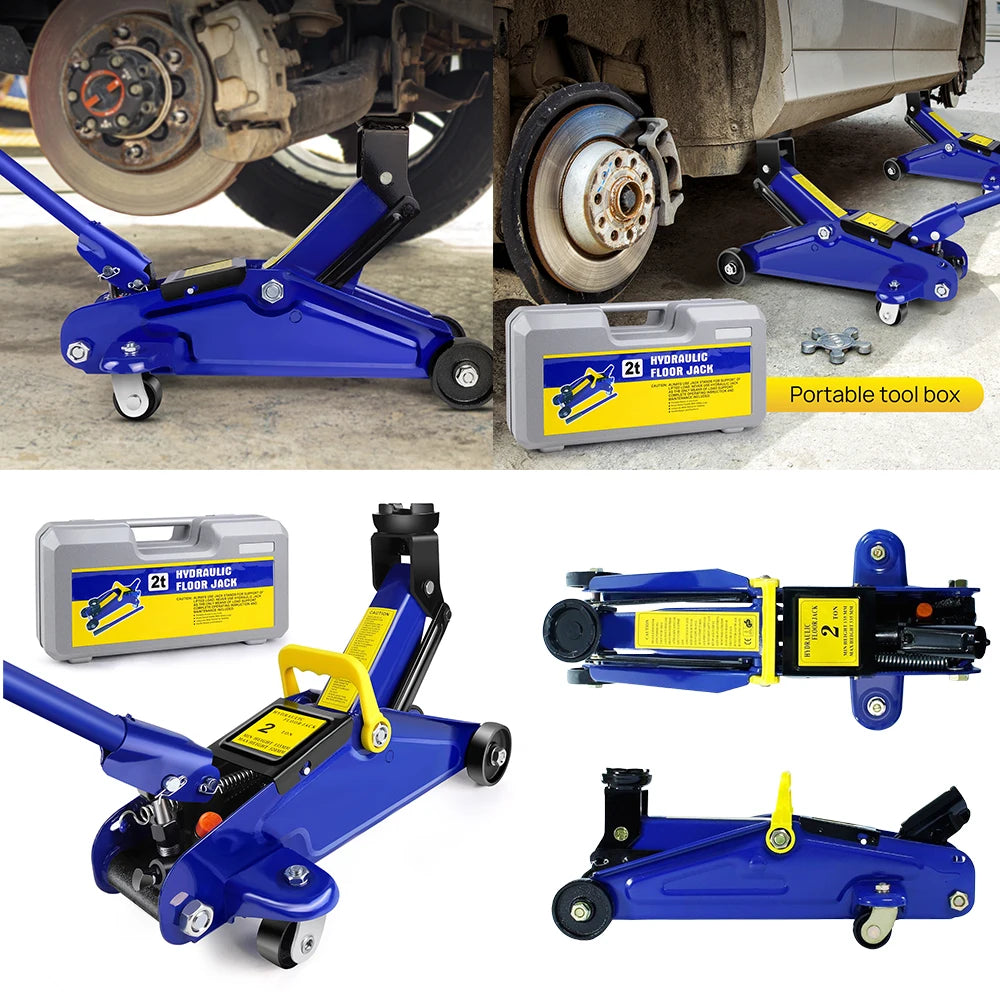Blue steel hydraulic floor jack with wheels, yellow handle, and a portable gray tool box.