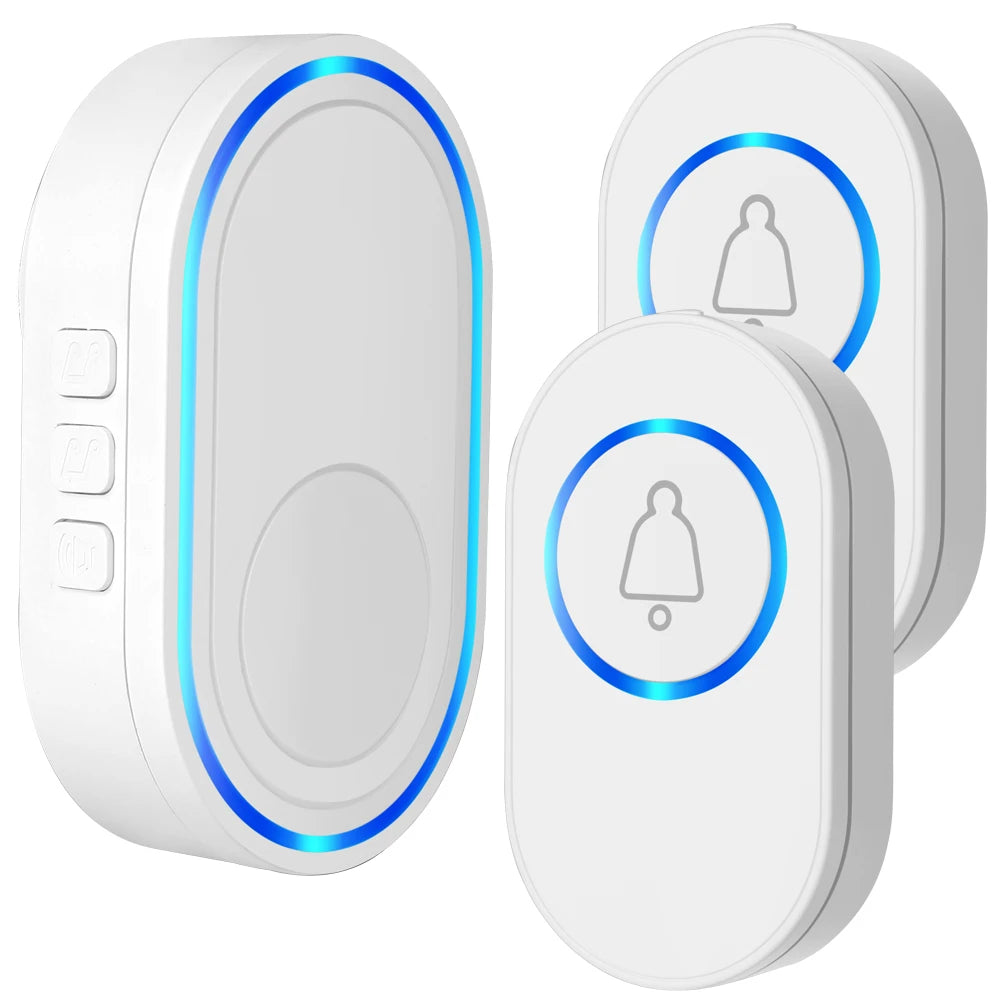 Wireless white smart doorbell and chime kit featuring modern oval designs with glowing blue LED light rings.