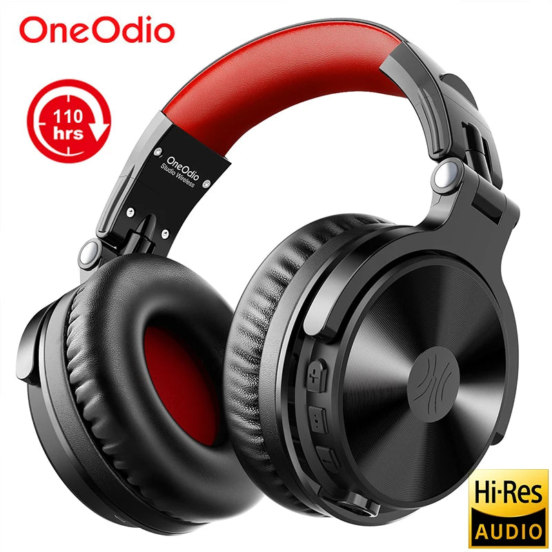 Black and red wireless gaming headphones with cushioned earcups and integrated volume controls.