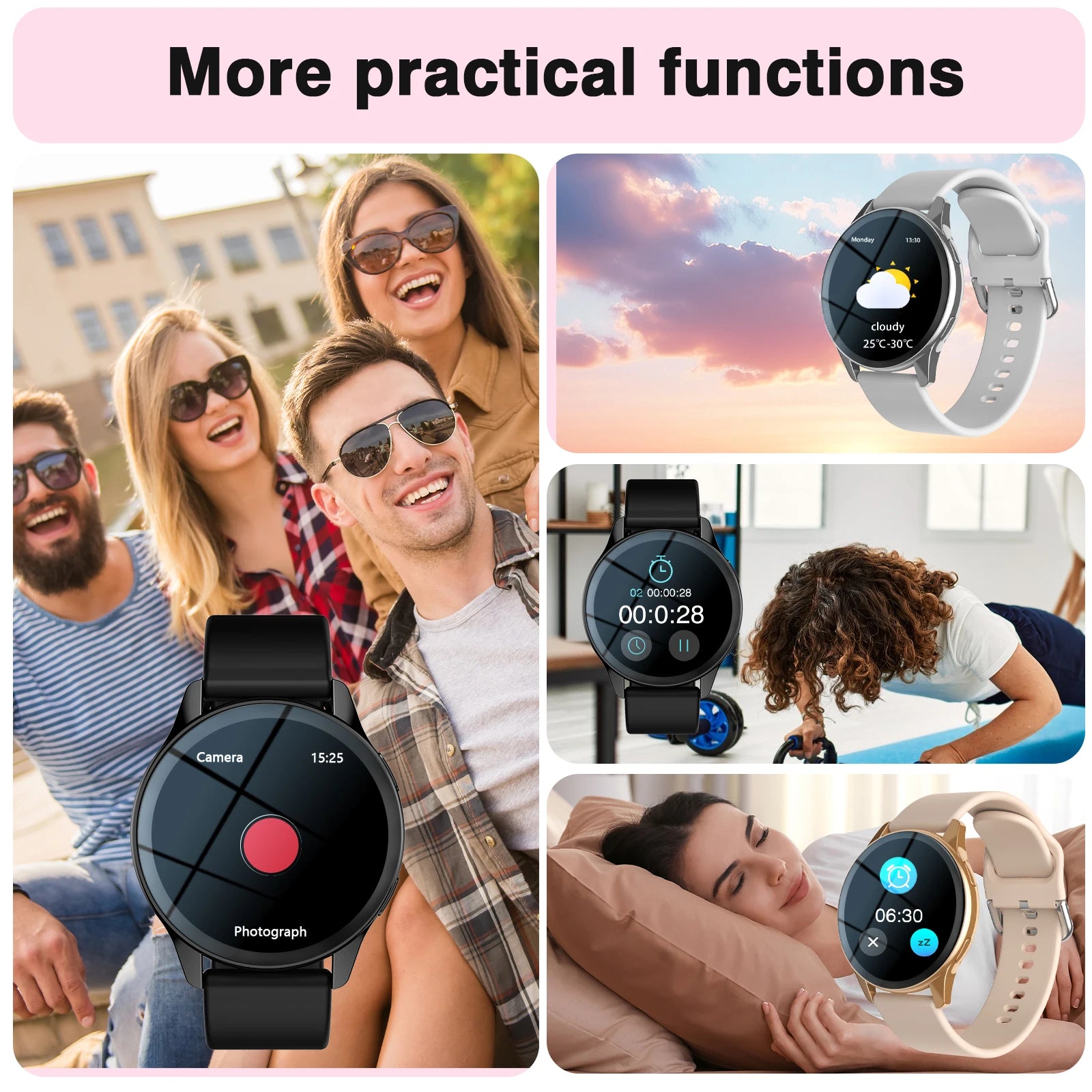 A collage of multi-sport smart watches in black, silver, and gold with touchscreen displays for fitness and daily tasks.