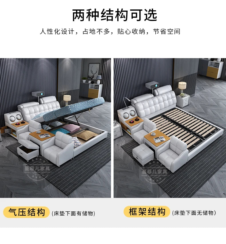 Modern white double bed with a tufted headboard, built-in side tables, seating, and optional under-bed storage.