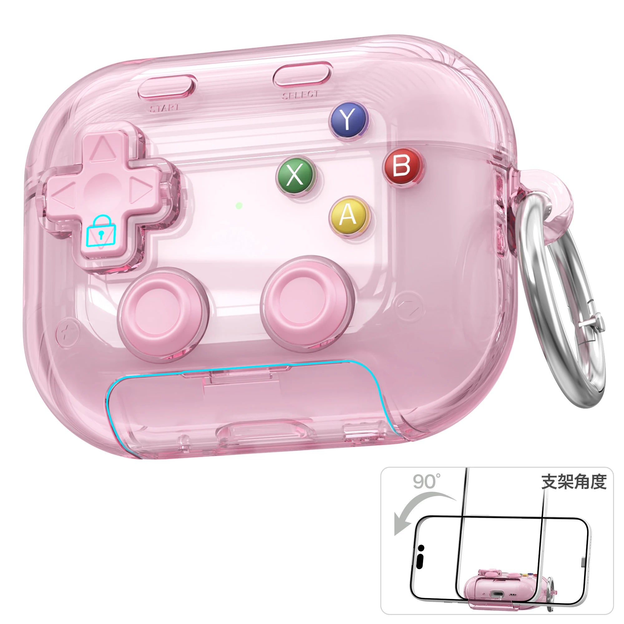 Pink transparent AirPod case with a retro games controller design, featuring a metal keyring attachment.