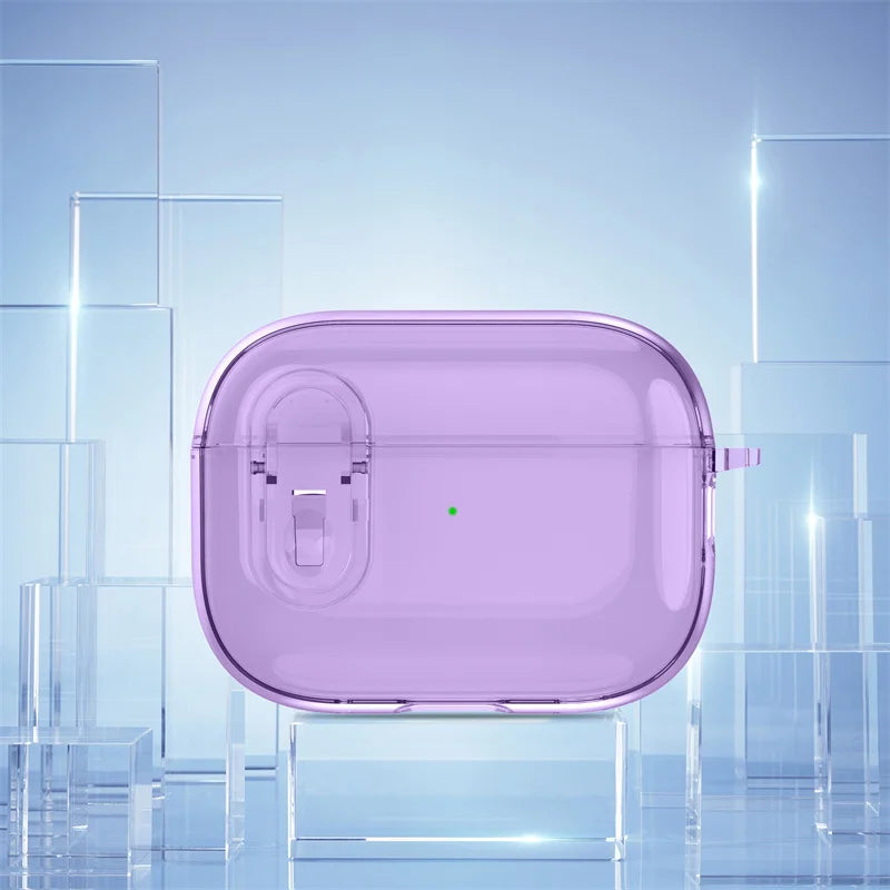 Translucent purple hard-shell case for AirPods Pro, featuring a secure latch mechanism and visible LED indicator.