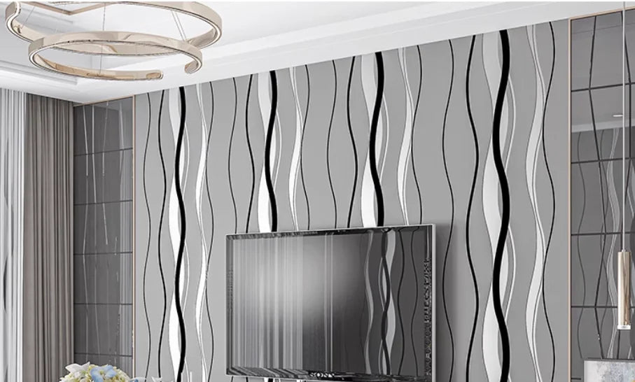 Modern wallpaper with flowing black, white, and grey vertical wavy stripes on a light grey background.