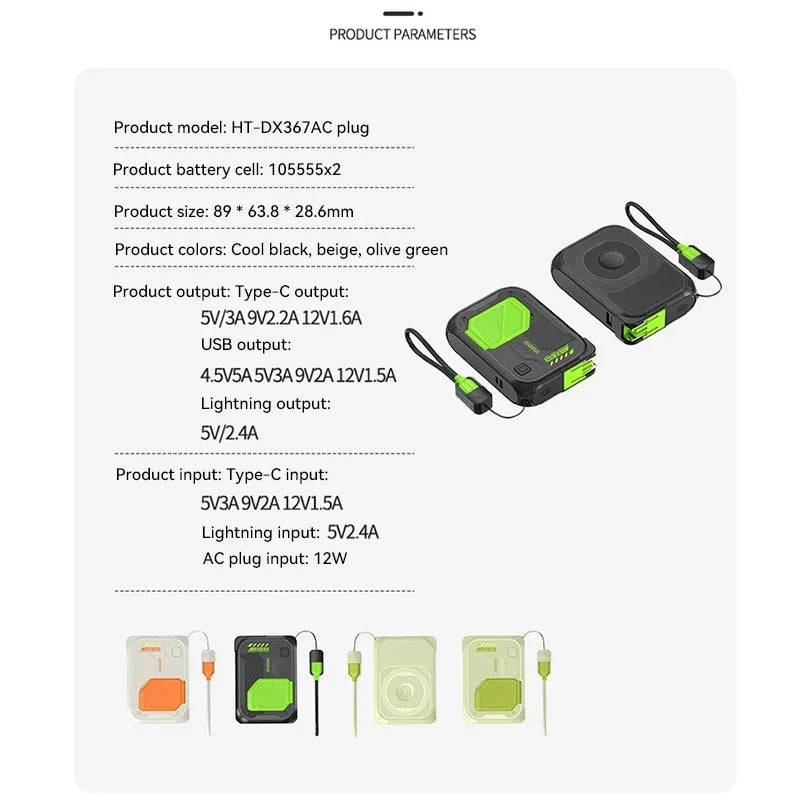 A compact 10,000mAh magnetic power bank with integrated phone stand and cable, available in black, beige, or olive green.