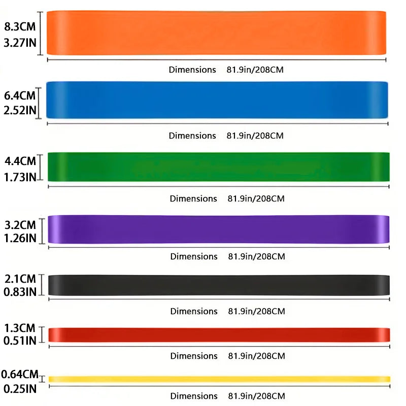 Set of seven multi-coloured resistance training bands, all 208cm long, showing varied widths for different resistances.