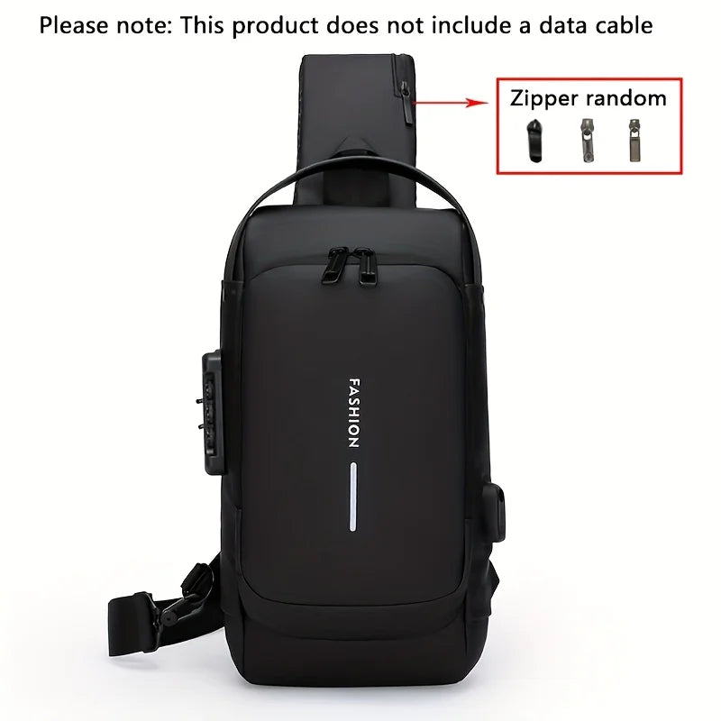 Black waterproof anti-theft sling bag with a built-in USB charging port and combination lock.