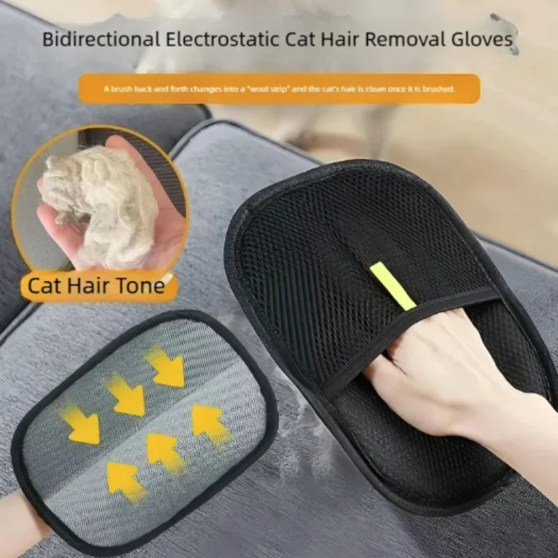 Black, mesh cat hair removal glove with a yellow accent strap, shown removing pet fur from fabric.