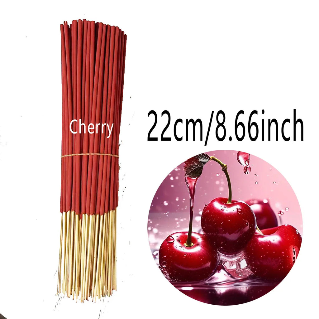 Bundle of 22cm red cherry-scented incense sticks with bamboo bases, accompanied by a cherry-themed graphic.