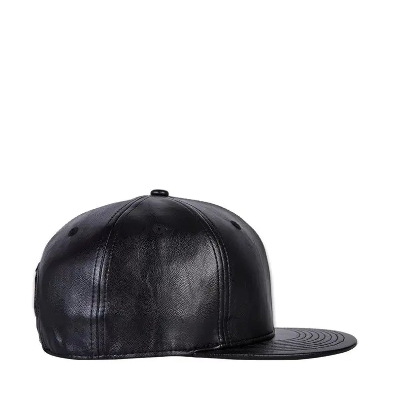 A black men’s baseball cap crafted from smooth leather with a structured flat brim.