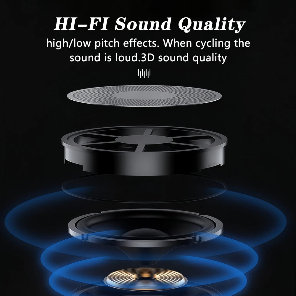 Exploded view of a black motorcycle helmet headset speaker showing high-fidelity internal components and 3D sound waves.