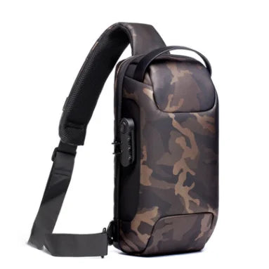 Camo-print anti-theft crossbody chest bag featuring a built-in USB charging port and a secure combination lock.