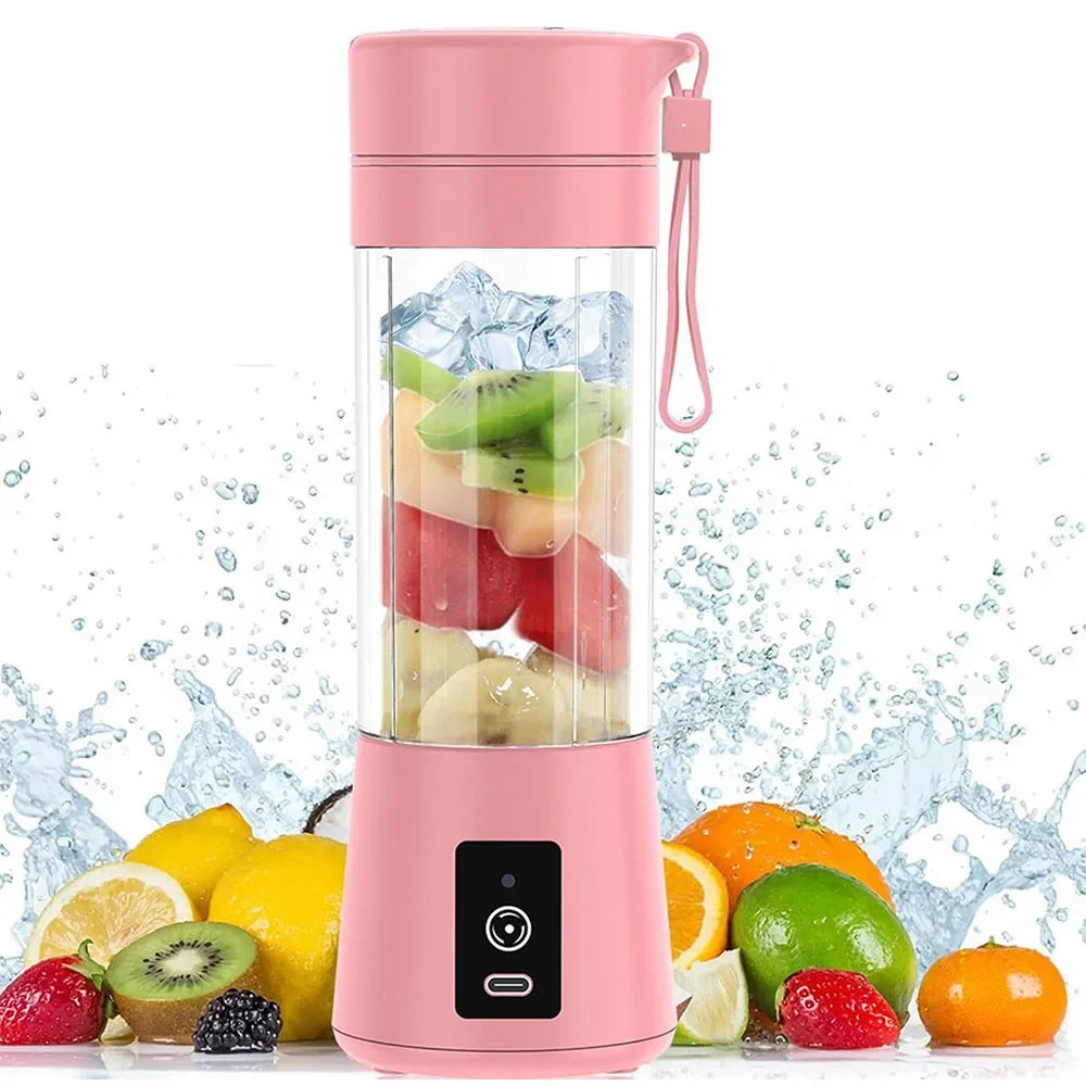 Portable pink electric blender bottle filled with fresh fruit and ice, set against a background of water splashes.