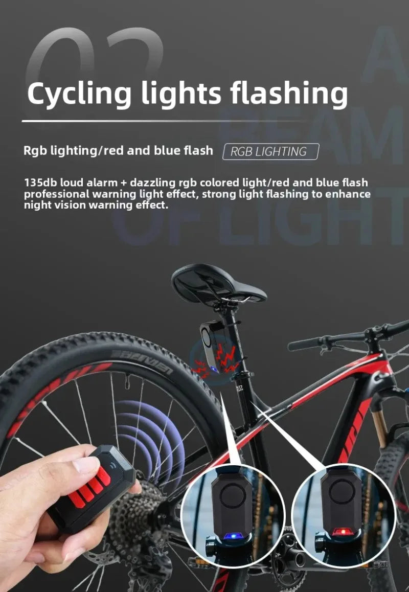 Black plastic bicycle safety light with alarm, remote control, and red, blue, and RGB flashing light modes.