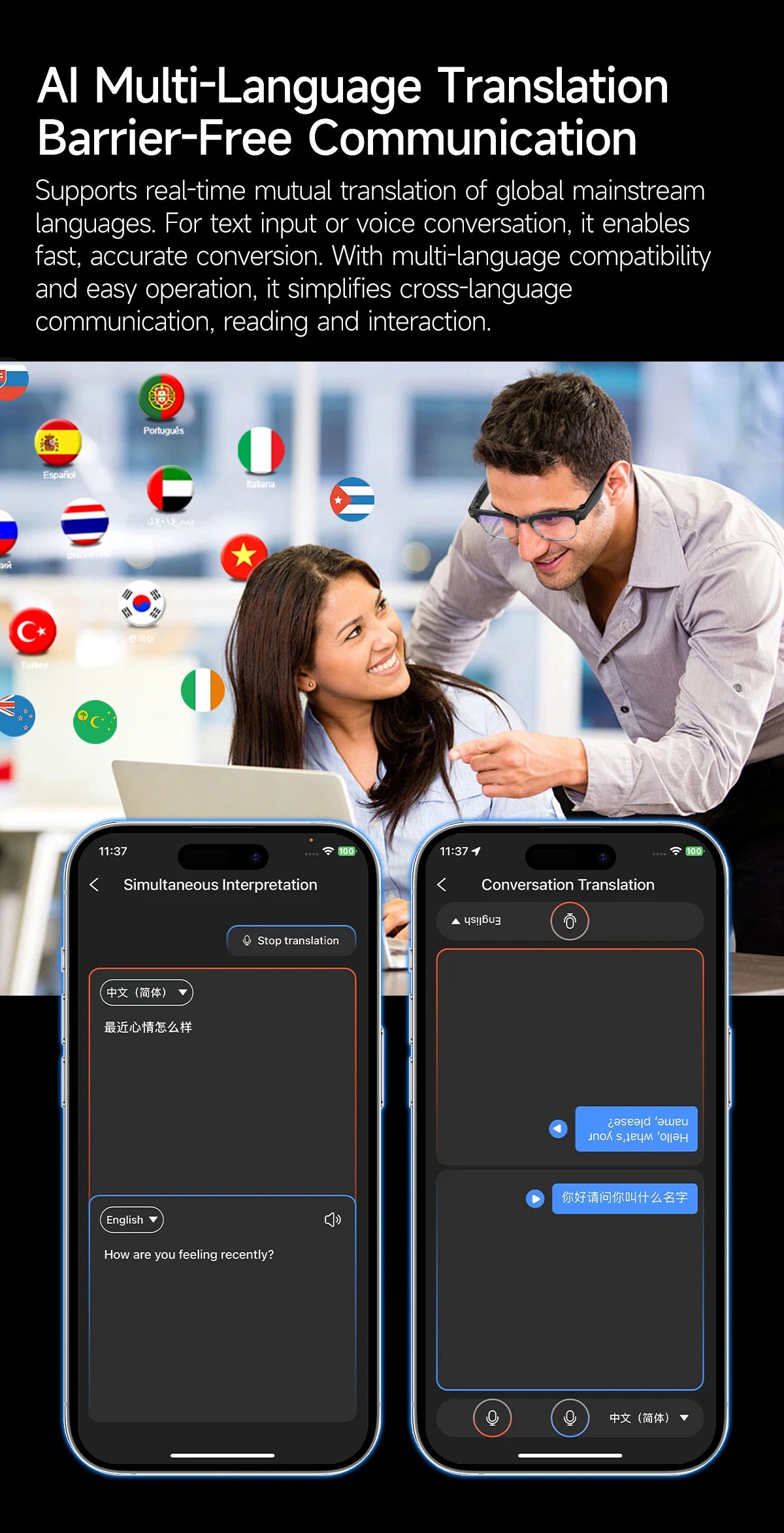 Stylish black AI smart glasses for video recording and real-time translation, shown with a companion mobile app.
