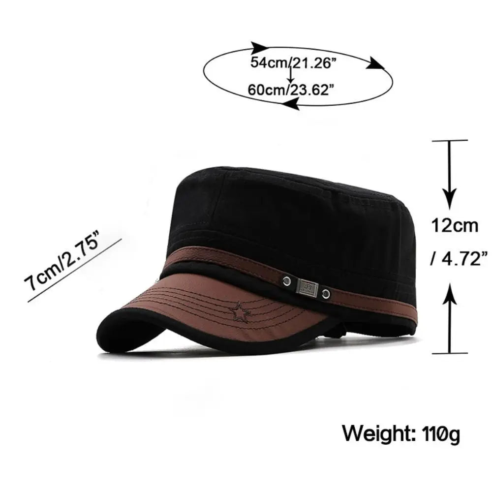 Black unisex cadet cap with a brown faux-leather peak, star detail, and side strap, shown with size measurements.