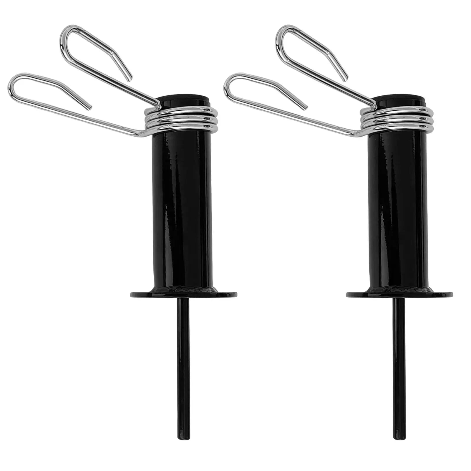 Two black steel gym weight stack loading pins with attached chrome spring clips, isolated on a white background.