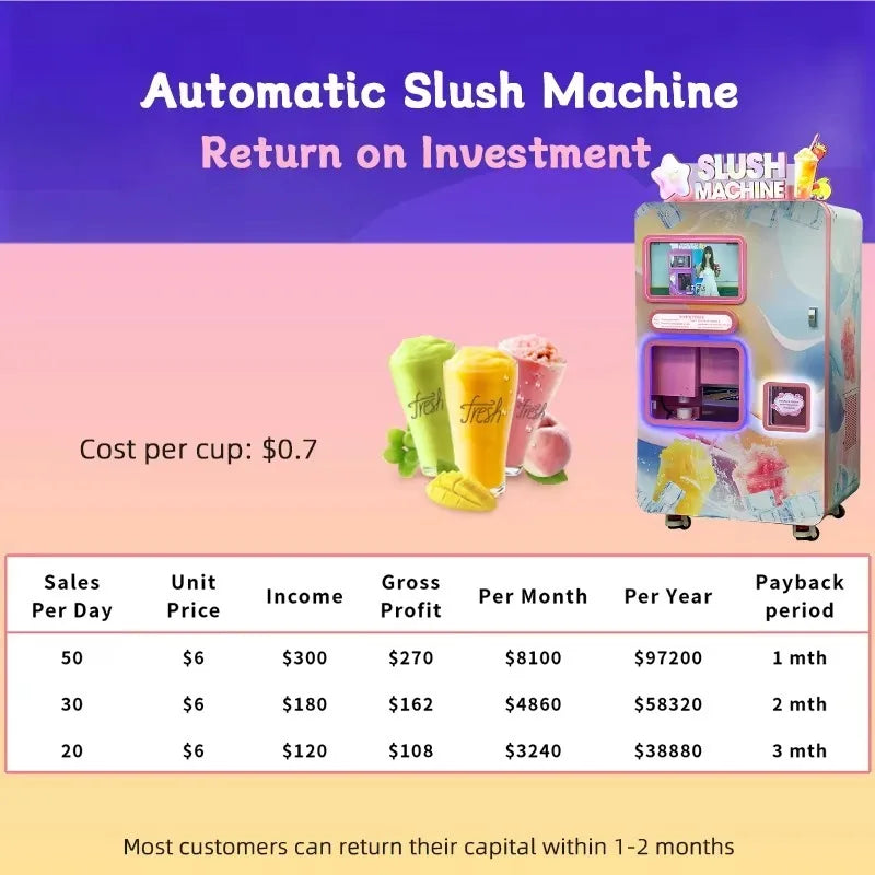 Slushie vending machine with colorful graphics, touchscreen display, and auto-pause feature next to three slushie cups.