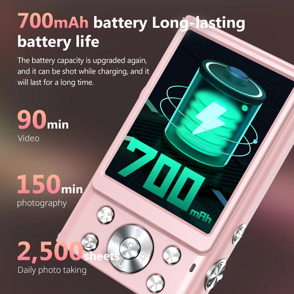 Pink plastic digital camera with a screen showing a 700mAh battery icon and silver control buttons.