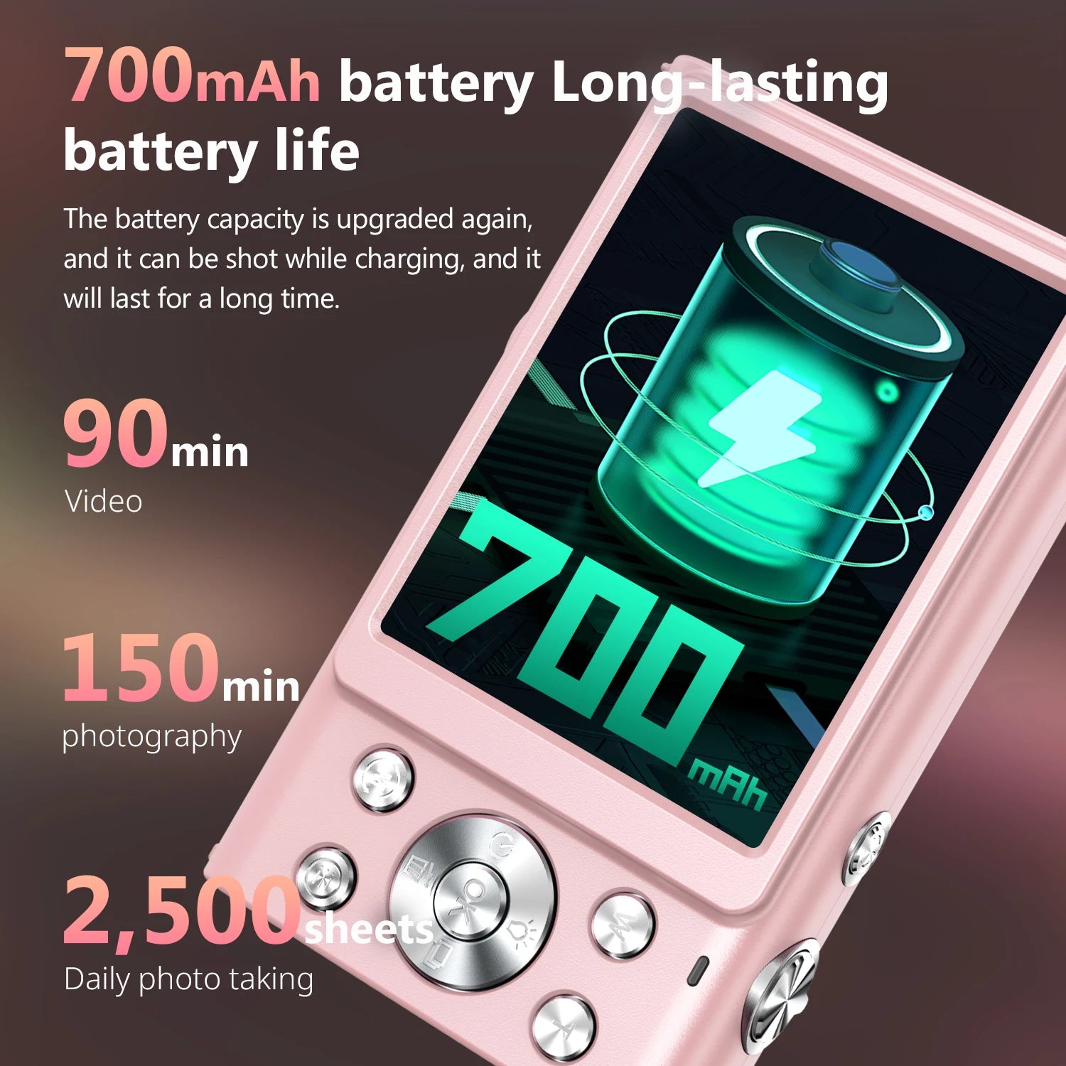 Pink plastic digital camera with a screen showing a 700mAh battery icon and silver control buttons.