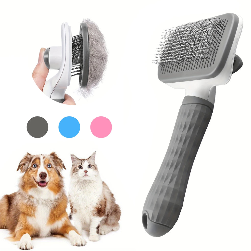 Grey self-cleaning pet slicker brush for dogs and cats, featuring a textured handle and fur-removal button.