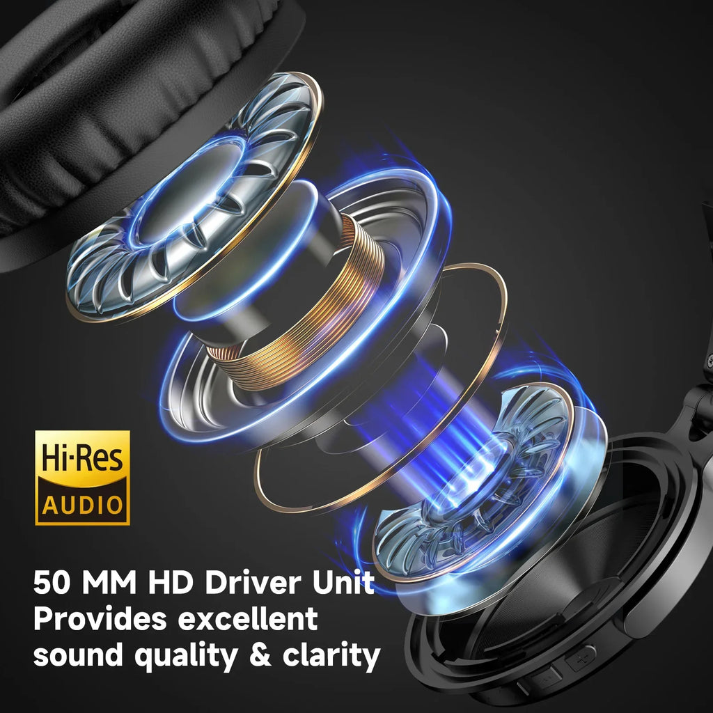 Black wireless over-ear headphones with a 50mm Hi-Res Audio driver unit exploded view showing internal components.