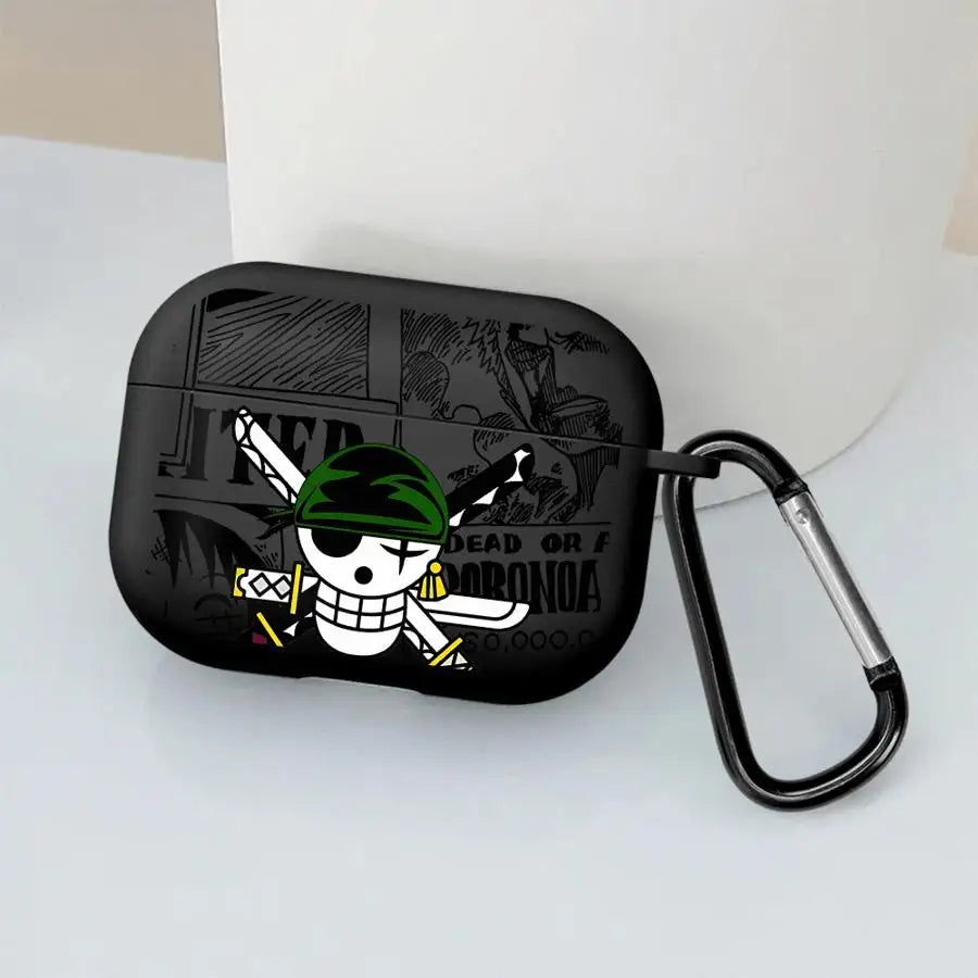 Black protective AirPods Pro case featuring a One Piece Zoro skull design with a black carabiner clip.
