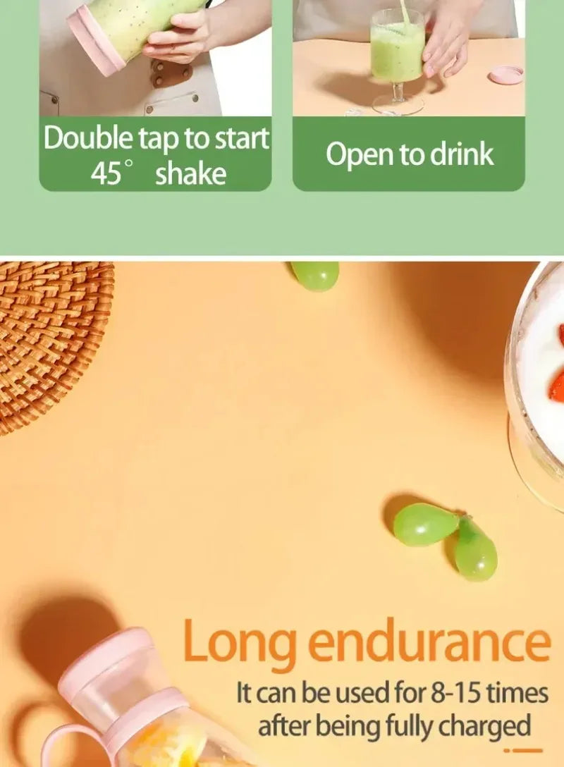 Portable light pink electric blender bottle for smoothies, with instructions on usage and long battery life.