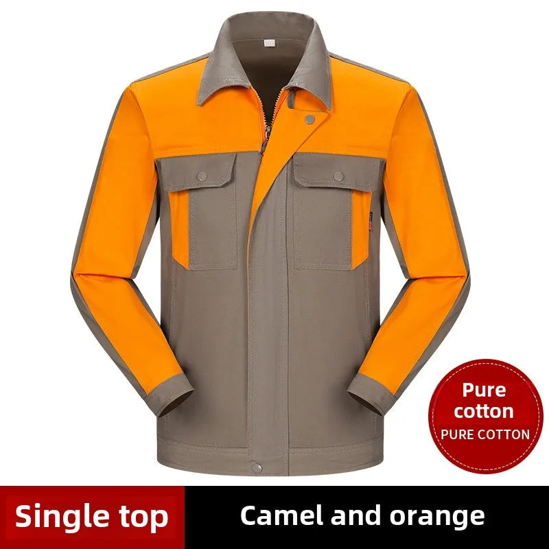 Camel and orange cotton work jacket with a collared zip front, snap closures, and two chest pockets.