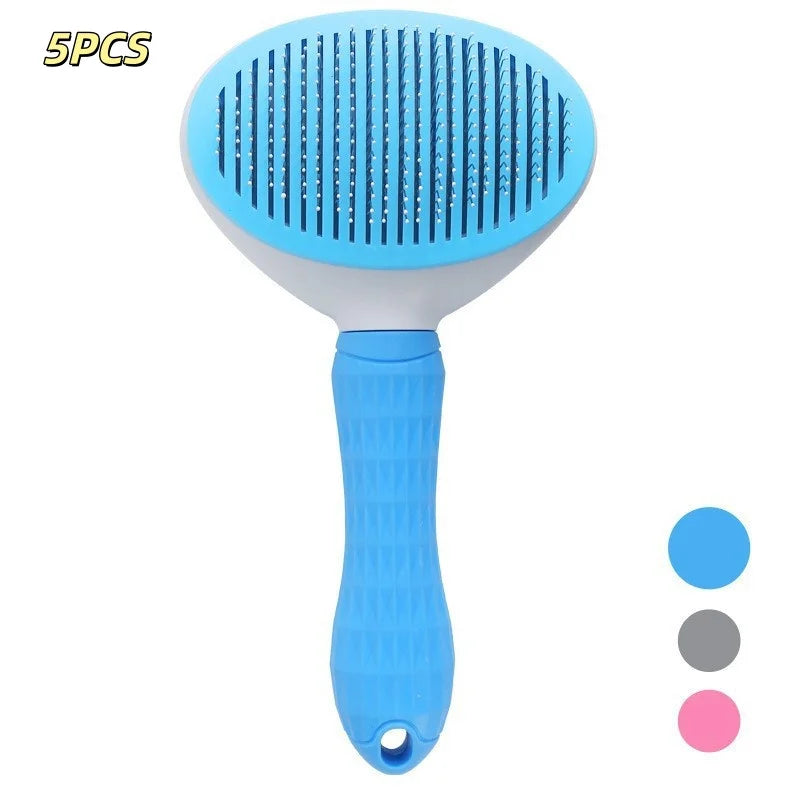 Blue self-cleaning pet slicker brush with a textured handle and three colour swatches visible.