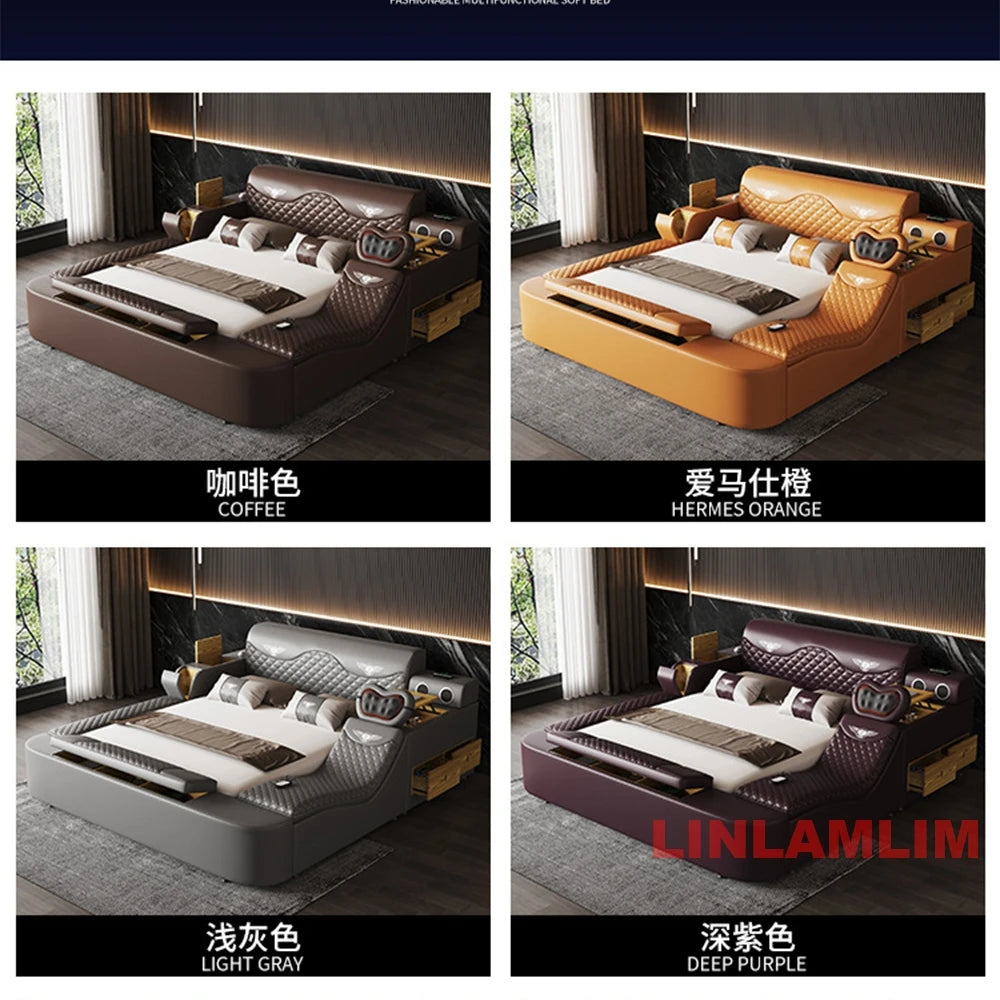 Luxury leather all-in-one beds in coffee, orange, grey, and purple, featuring integrated storage and LED lighting.