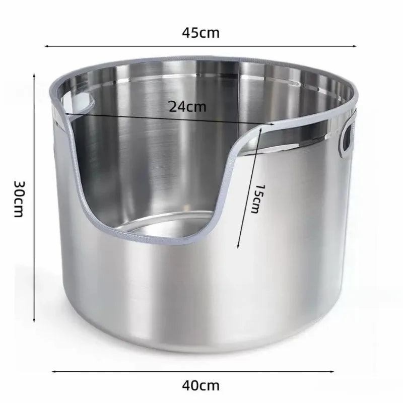 Round silver stainless steel cat litter box with low front entry, gray trim, and dimensional measurement overlays.