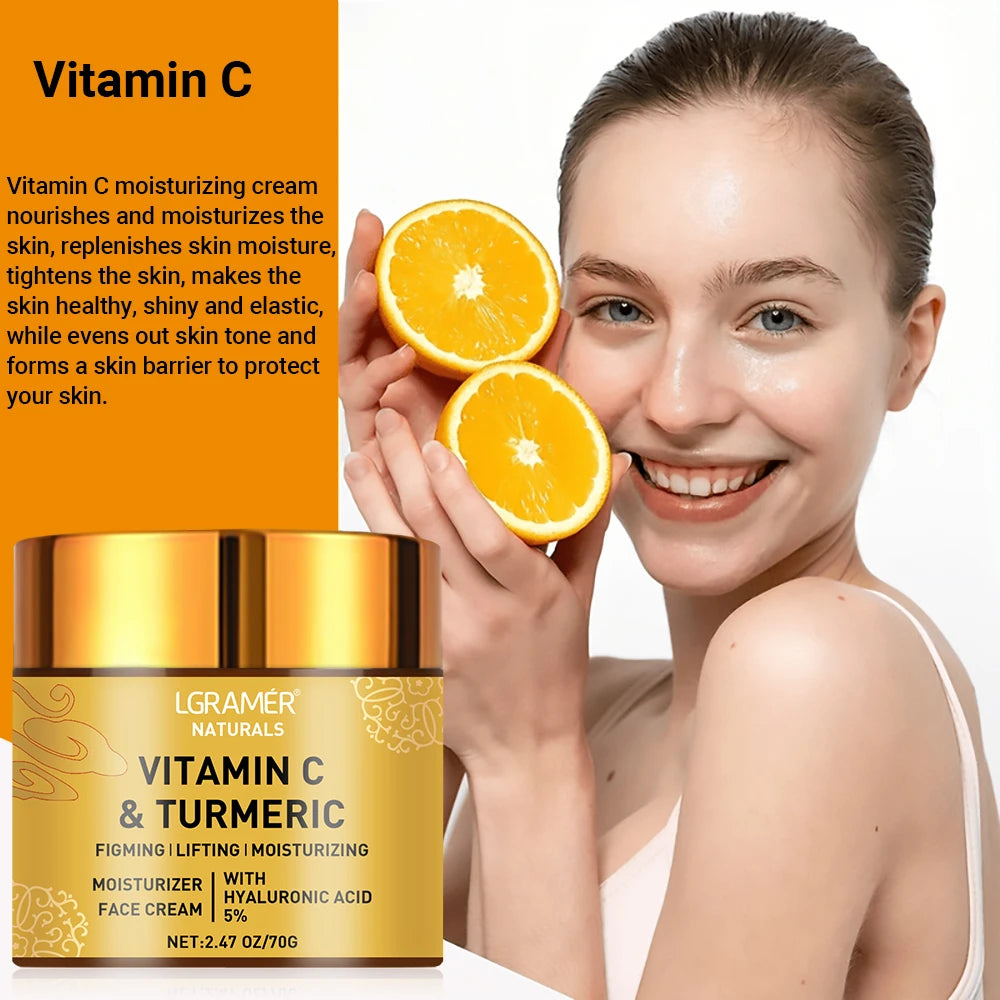 A gold pot of Vitamin C & Turmeric face cream, shown next to a smiling woman holding two fresh orange slices.