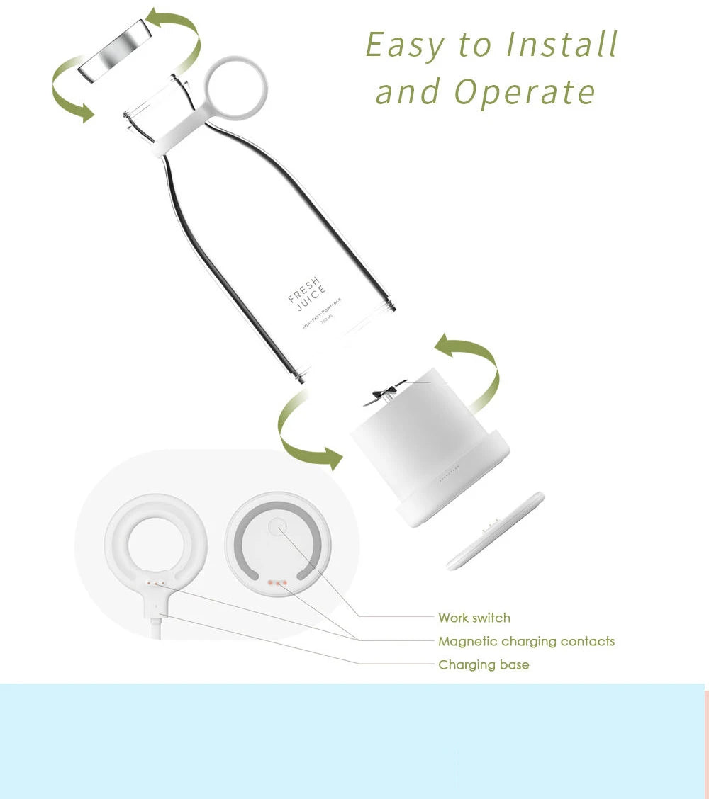 Exploded view of a white, portable, rechargeable blender with a magnetic charging base and easy-to-assemble design.