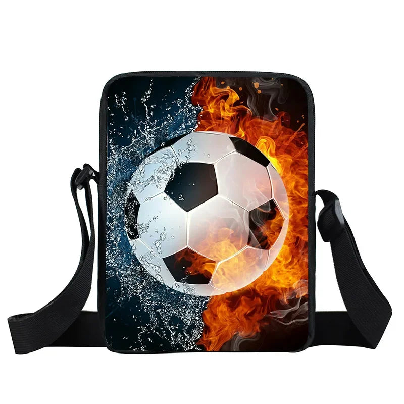 Black crossbody bag featuring a football design with contrasting fire and water splash graphics.
