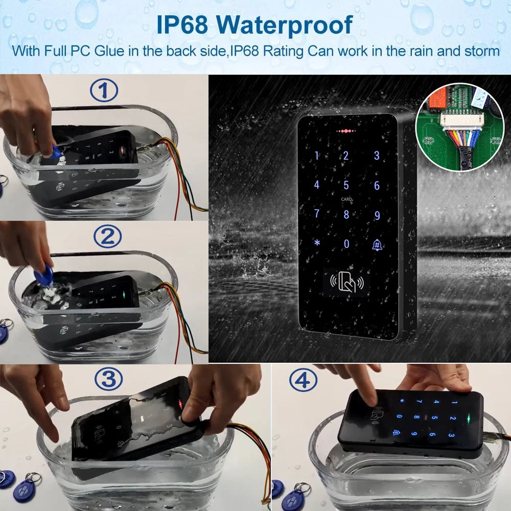 Black, rectangular IP68 waterproof keypad with illuminated buttons and card reader, shown submerged in water.