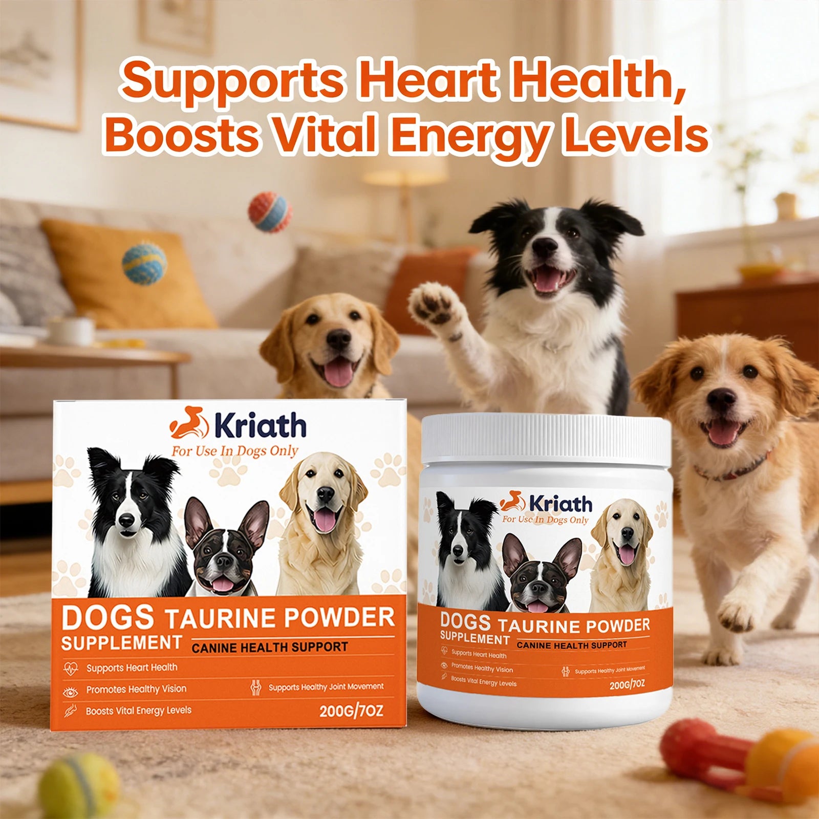 Taurine powder supplement for dogs in a white jar and box with orange labels, featuring images of happy dogs.