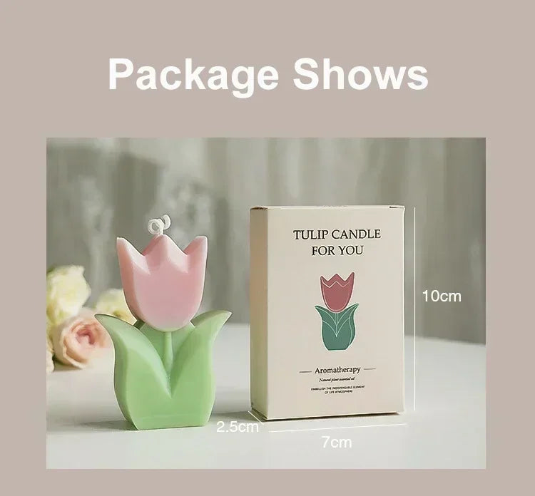 Pink and green tulip-shaped aromatherapy candle next to its product packaging with dimensions.