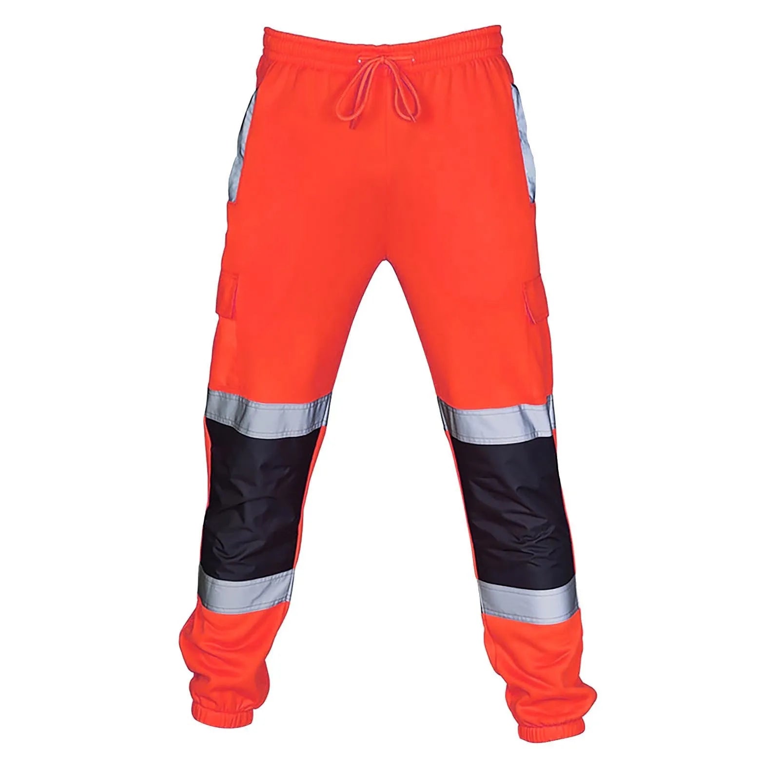 Bright orange high-vis work trousers with an elasticated drawstring waist, reflective strips, and black knee panels.