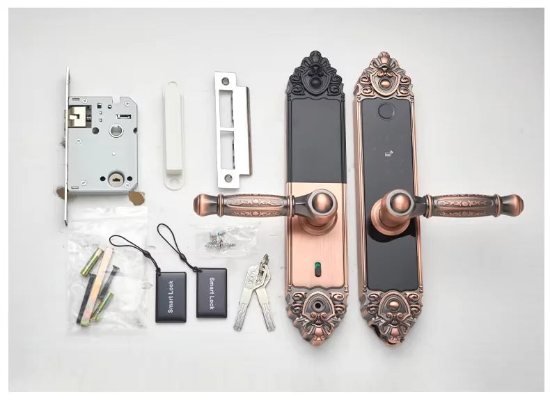 Antique bronze metal smart door lock set with digital touch keypad, fingerprint scanner, keys, and installation parts.