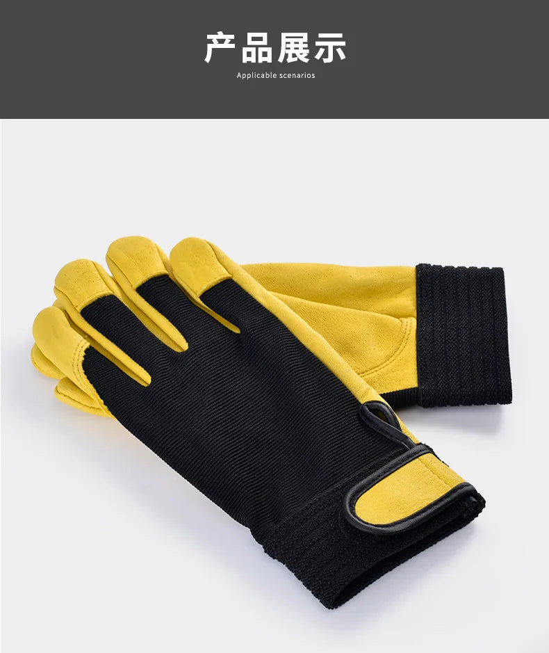 Yellow cowhide leather work gloves with black fabric backs and elasticated cuffs featuring a secure velcro strap.