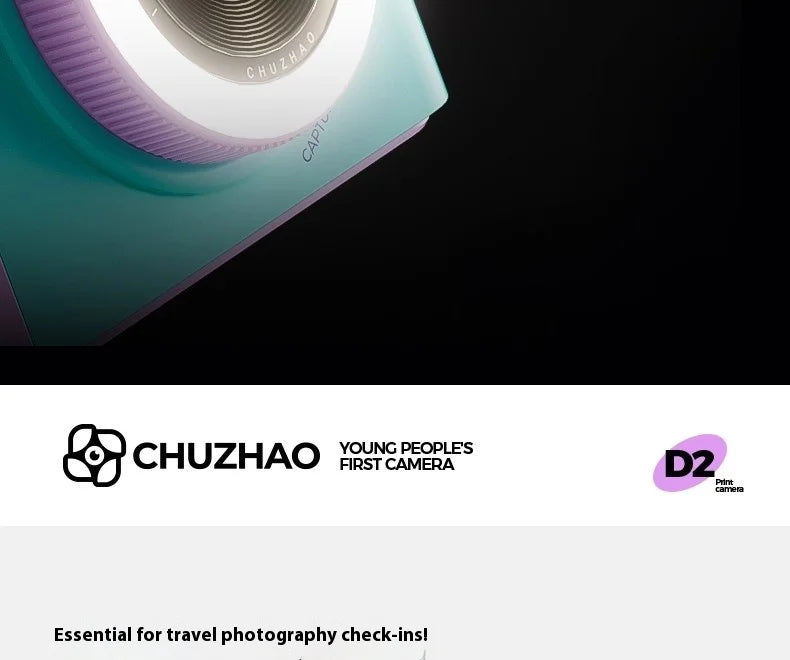 Teal and purple plastic instant print camera with a prominent circular lens, set against a black background.