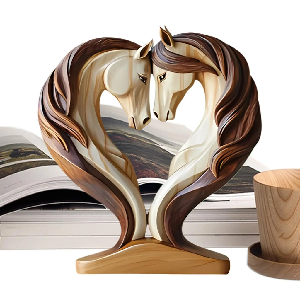 A decorative wooden-style statue of two horses with flowing manes, arched together to form a heart shape.