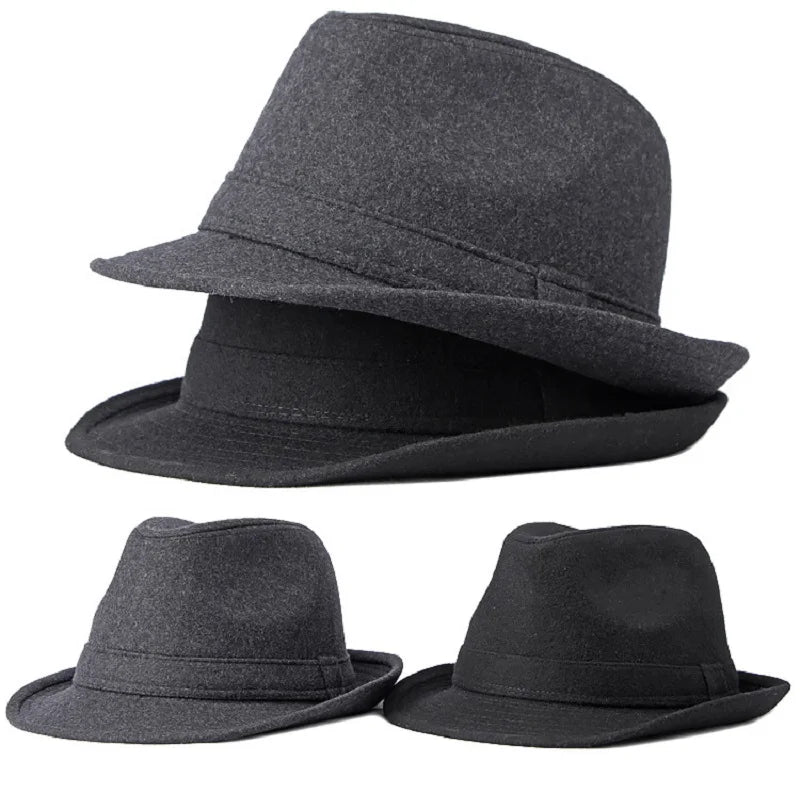 A set of classic, felt fedora jazz hats in charcoal grey and black, featuring a structured brim and ribbon band.