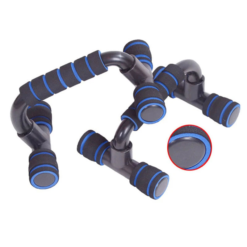 A pair of black push-up bars with blue foam-padded handles, isolated on a white background.