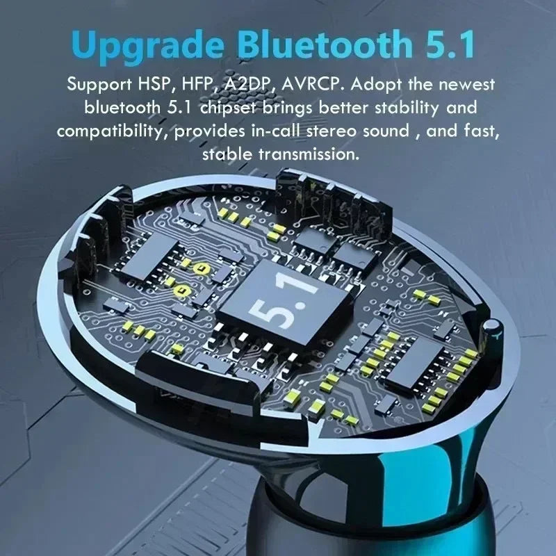 Blue wireless earbud showing internal black circuit board and Bluetooth 5.1 chip, on a blue tech-style background.