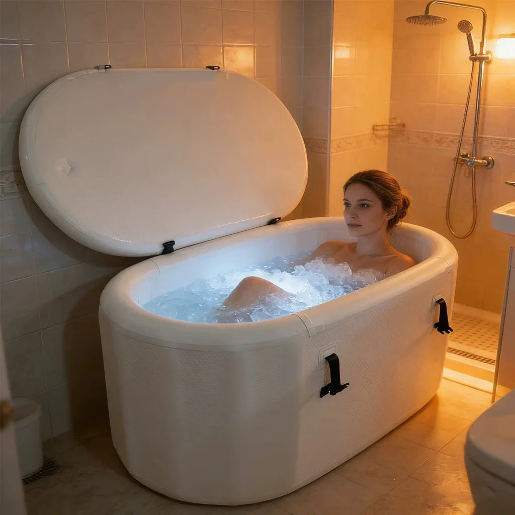 A woman sits in an oval white ice bath with an open lid, filled with water and ice cubes inside a tiled bathroom.