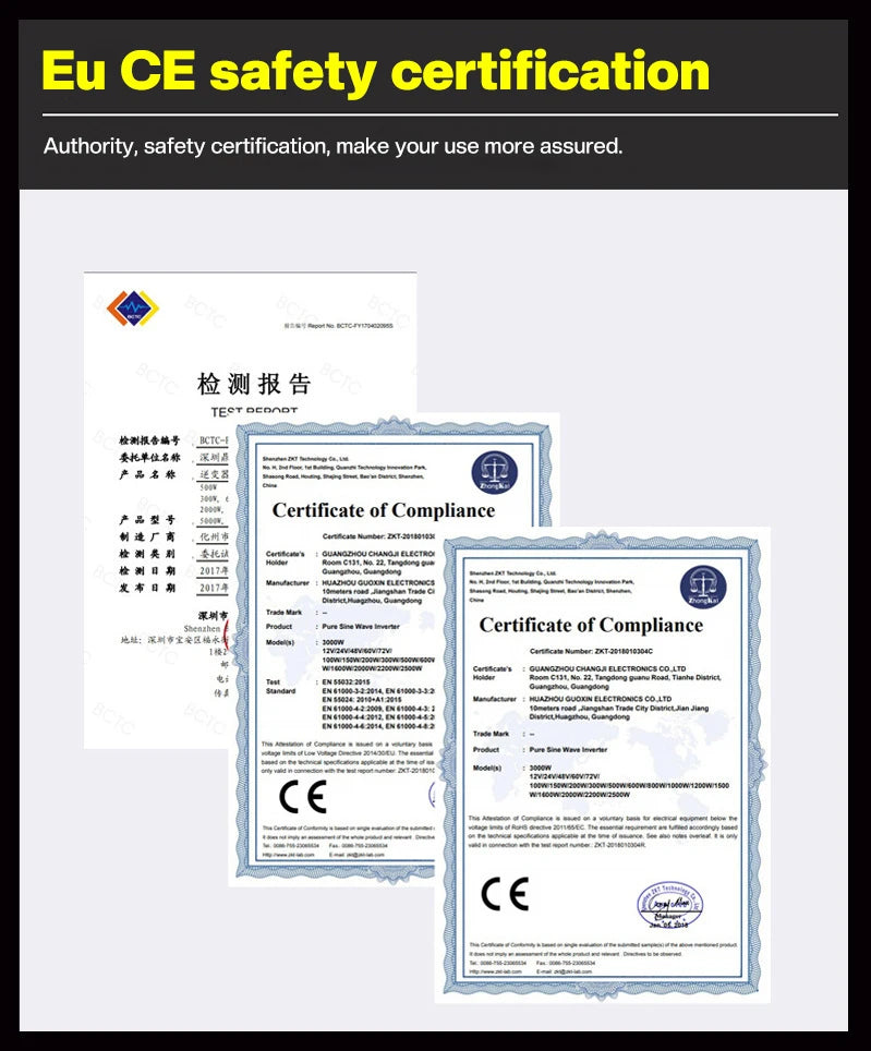 Three official EU CE safety certification documents for the power inverter, displayed on a clean white background.