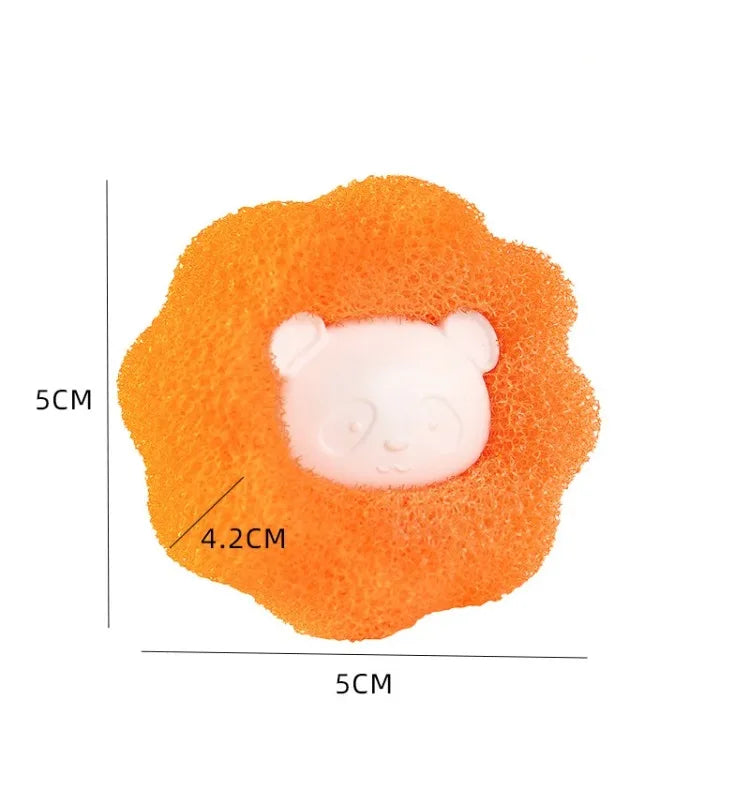 Cute pale pink panda face integrated into a round, textured, vibrant orange bath sponge. 5cm size indicated.