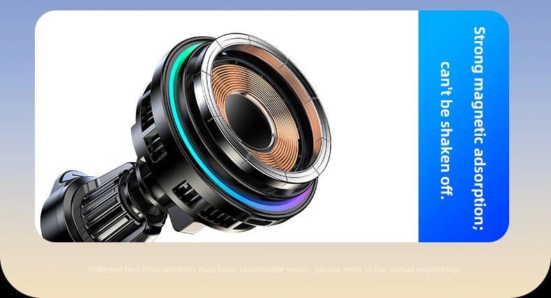 Black magnetic phone car mount with a copper coil, metallic silver accents, and a glowing neon light ring.